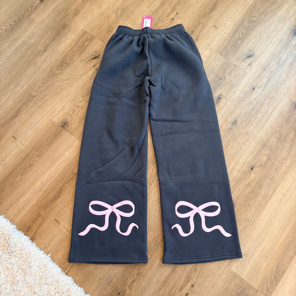 NWT Edikted Dark Gray Pink Bow Graphic Wide Leg Sweatpants XS S17474